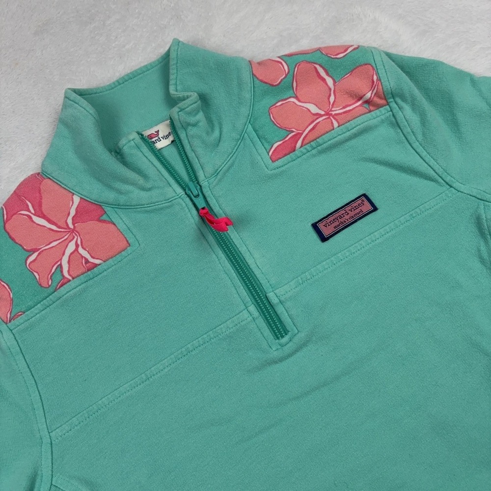 Vineyard Vines 1/4 Zip Pullover Womens XXS Green Floral Yoke Cotton Logo